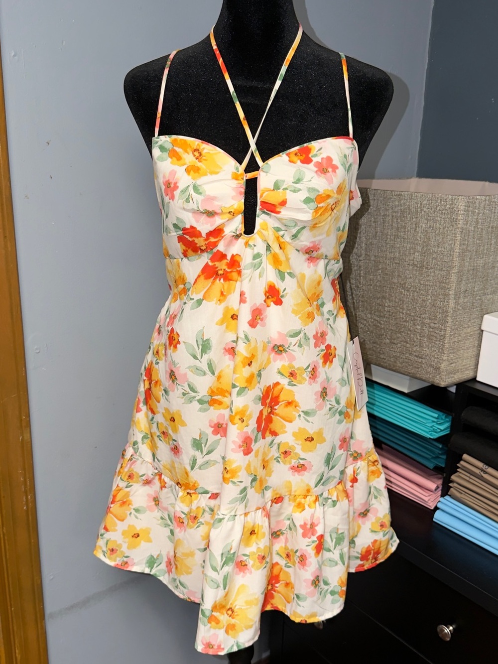 Crystal Doll Cream Floral Spaghetti Strap Dress with Yellow & Coral Blooms/NWOT